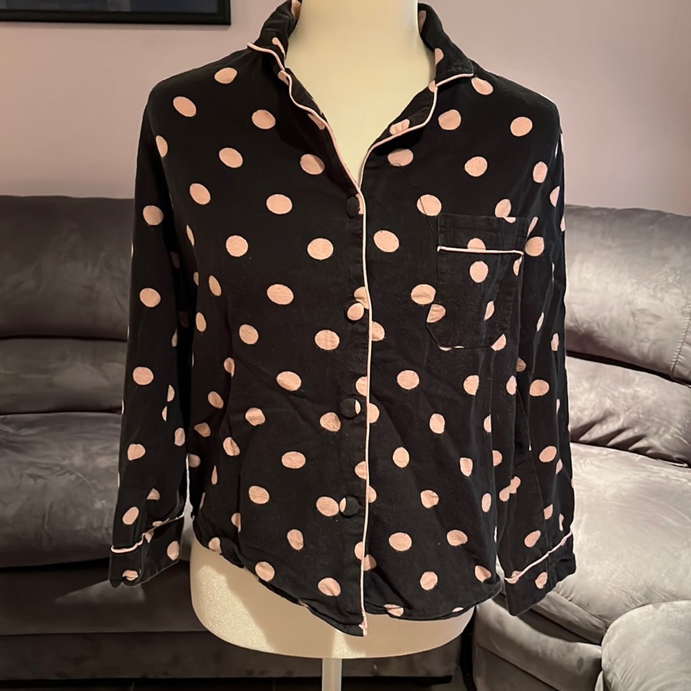 Dearfoams black & pink polka dot pajama pj set button down top pants Sz small - Picture 2 of 12